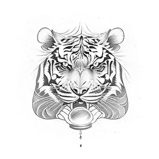 An eye-catching tattoo design featuring a fierce tiger in a boxing stance, with intricate patterns of barbells and dumbbells in the background, symbolizing the client's passion for animals, boxing, and bodybuilding. tattoo design idea