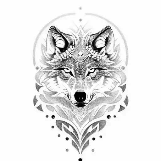 A dotwork tattoo of a majestic wolf with intricate patterns inspired by sports bike gears tattoo design idea