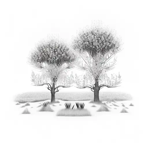 2 graves at sunset with Rowan trees in the background and reeds surrounding tattoo design idea