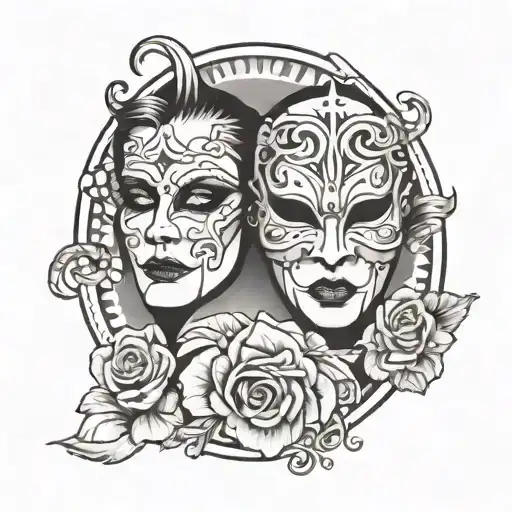 Gothic style tattoo with two faces of theater masks, one happy, one sad with a snake coiled inside tattoo design idea