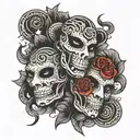 Gothic style tattoo with two faces of theater masks one happy one sad with a snake coiled around them tattoo design idea