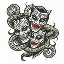 Gothic style tattoo with two faces of theater masks one happy one sad with a snake coiled around them tattoo design idea