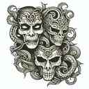 Gothic style tattoo with two faces of theater masks one happy one sad with a snake coiled around them tattoo design idea