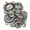 Gothic style tattoo with two faces of theater masks one happy one sad with a snake coiled around them tattoo design idea