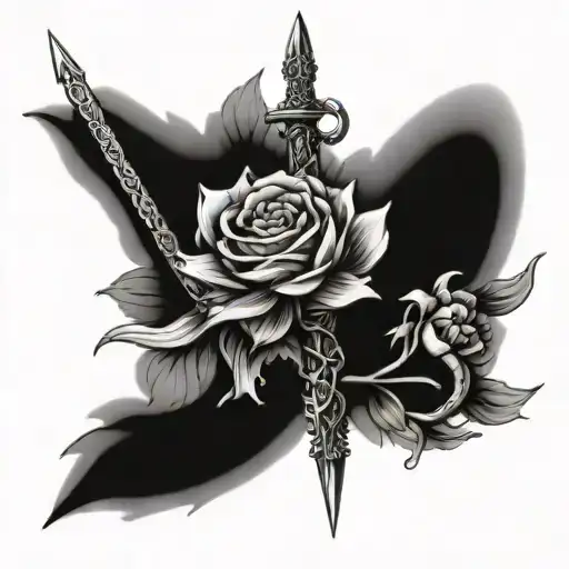 dainty dragon sword and flowers growing tattoo design idea