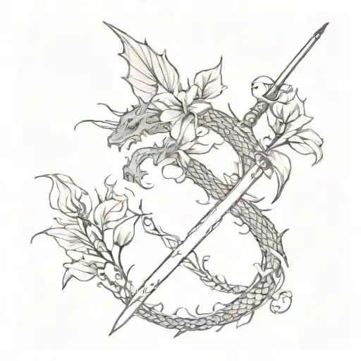 dainty dragon sword and flowers growing tattoo design idea