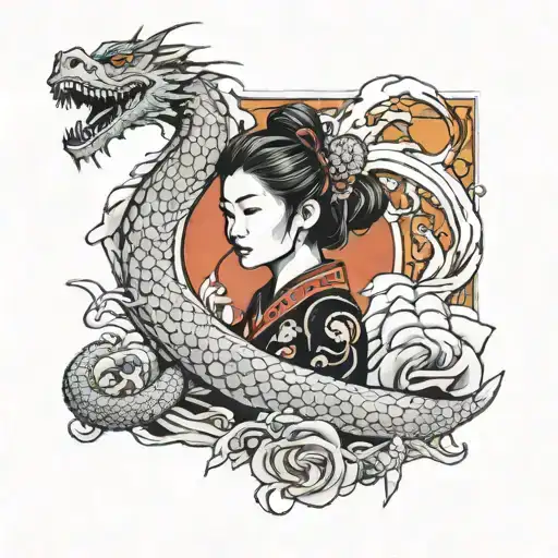 asian girl wrapped by a dragon on cosmic background    tattoo design idea