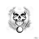A mystical skeleton holding a crystal ball with astrological signs floating around it tattoo design idea