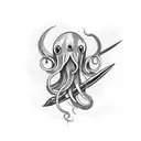 An squid wrapping its tentacles around a harpoon tattoo design idea