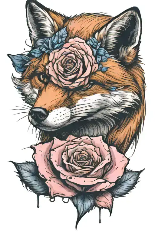 A fox in a black and orange suite holding a pink and blue rose tattoo design idea
