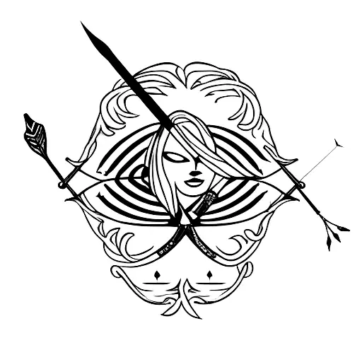 A minimalist tattoo of a woman holding a bow and arrow, representing both her femininity and love for hunting. tattoo design idea