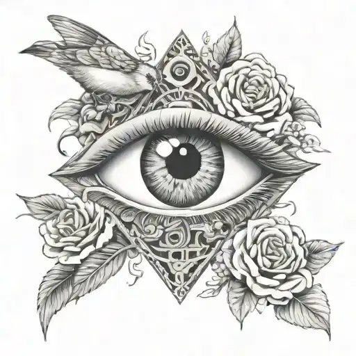 illuminati eye with bird and roses surrounded tattoo design idea