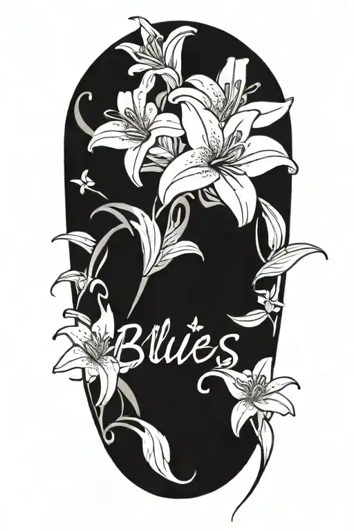 text "blues" surrounded with white lily flowers intertwined tattoo design idea