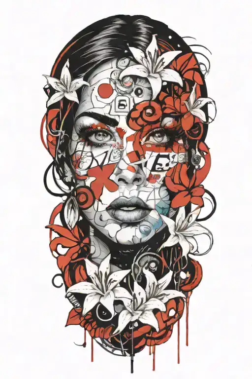 large text "Blues" on front, woman's eyes on back and everything is surrounded with white lily flowers. tattoo design idea