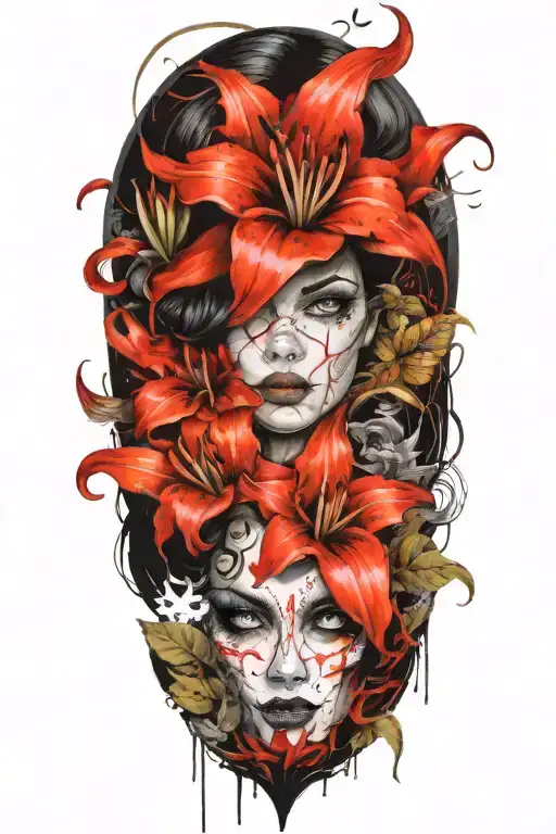 beautiful woman with dark hair, big lily flowers, an eye  and Smaug tattoo design idea