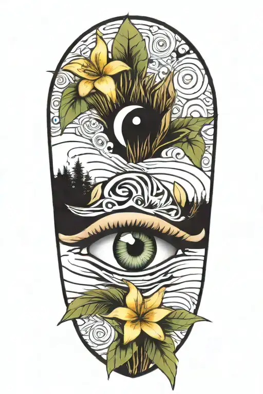 eye, lily flower, stratocaster and a pine tree growing tattoo design idea