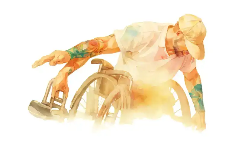 a man sits in a wheelchair wearing a cap tattoo design idea