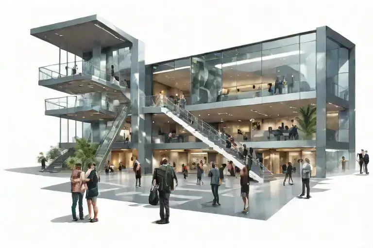 people in the lobby of a futuristic public building tattoo design idea