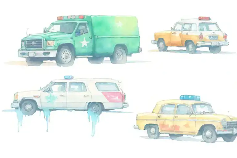 three cars. one is a big truck, one is ambulance and one is a white taxi. tattoo design idea