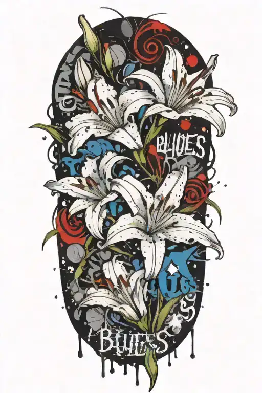 text "blues" surrounded with white lily flowers intertwined tattoo design idea