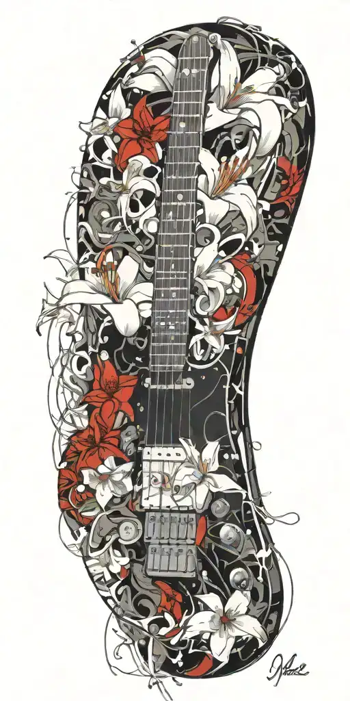 stratocaster guitar headstock surrounded with white lily flowers tattoo design idea
