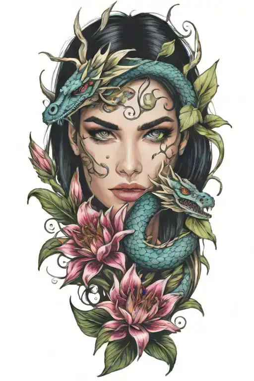 beautiful woman with dark hair, big lily flowers, an eye  and a dragon from role-playing game tattoo design idea