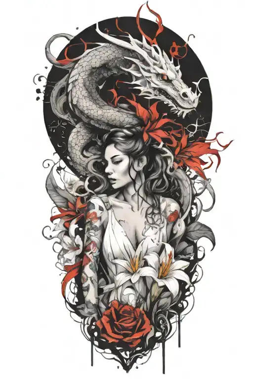 a dragon and beautiful woman, white lily flowers tattoo design idea