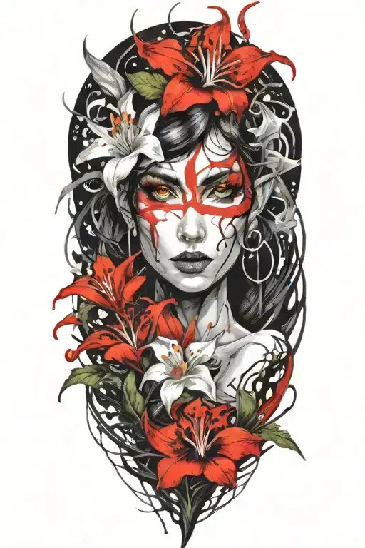 beautiful elf woman with dark hair interwinig with dragon and white lily flowers tattoo design idea
