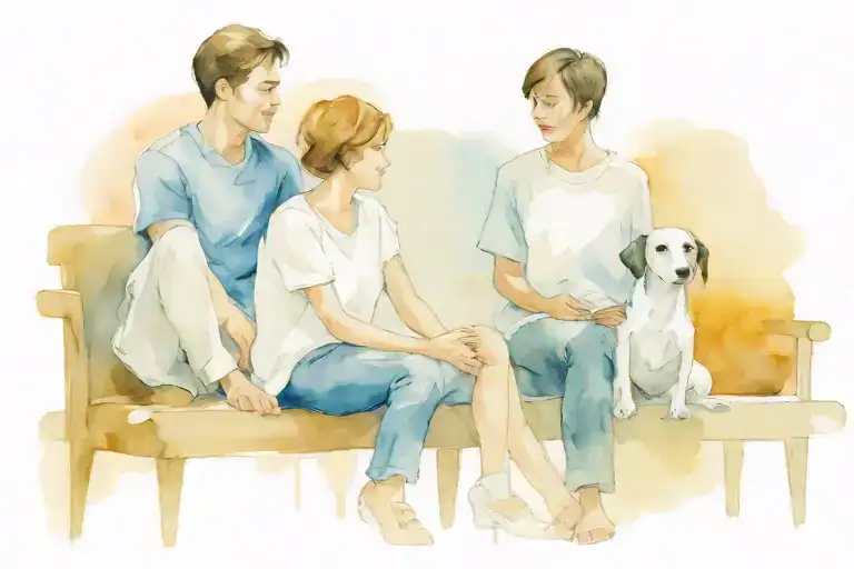 seated people and a dog listen to the presenter tattoo design idea