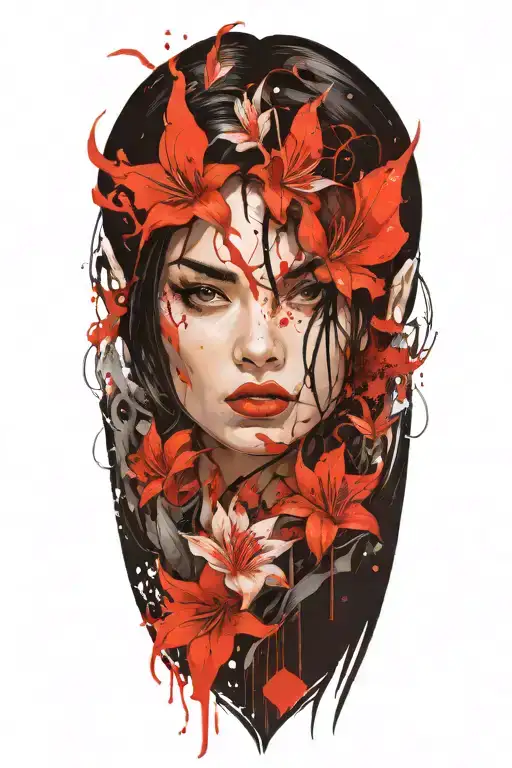 beautiful woman with dark hair and pointy ears, winged dragon and white lily flowers tattoo design idea
