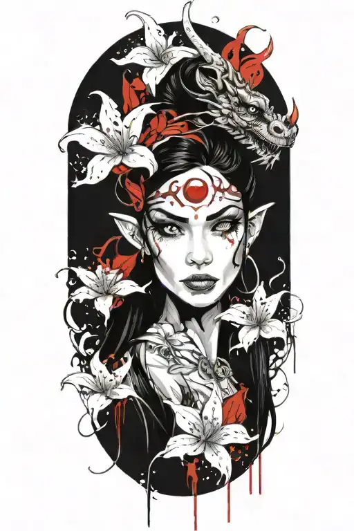 beautiful elf woman with dark hair, a smiling dragon and white lily flowers tattoo design idea