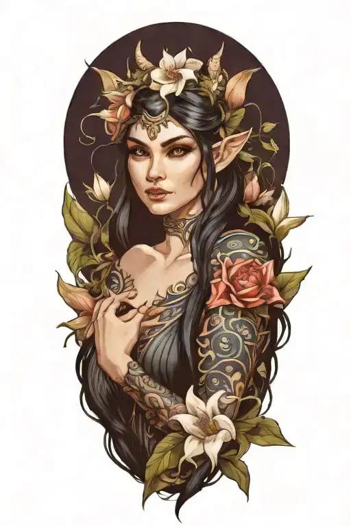 beautiful elf woman with dark hair, winged smiling dragon and white lily flowers tattoo design idea