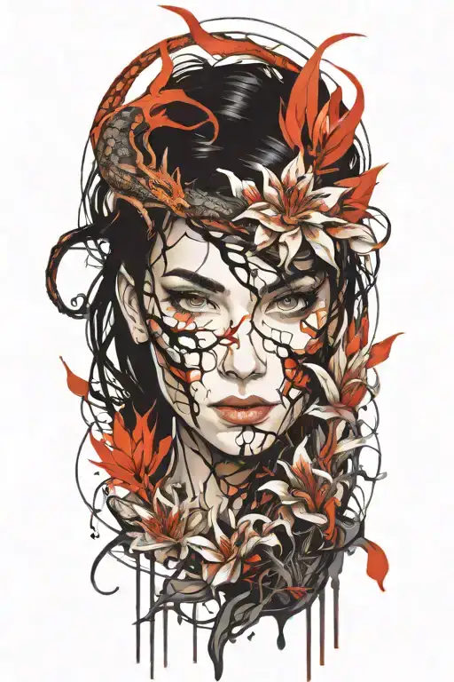 beautiful woman with dark hair,twines, lily flowers and Smaug dragon tattoo design idea