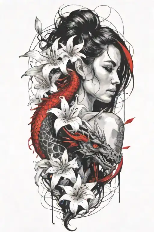 beautiful woman with dark hair, twines, white lily flowers and red dragon tattoo design idea