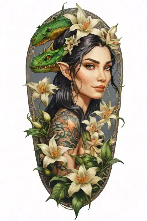 beautiful elf woman with dark hair, a smiling dragon and white lily flowers tattoo design idea