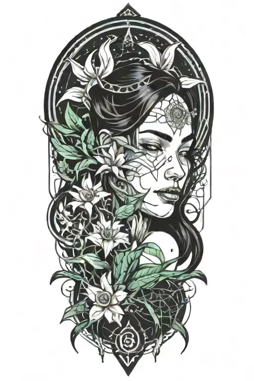 beautiful smiling woman with dark hair interwined with lily flowers and a pine tree tattoo design idea
