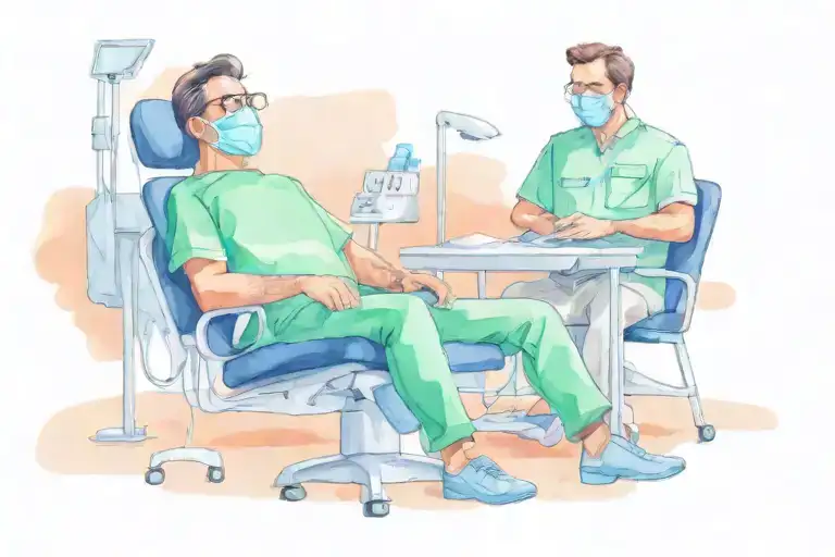 a dentist with a mask on his face is waiting next to the dentist's chair tattoo design idea