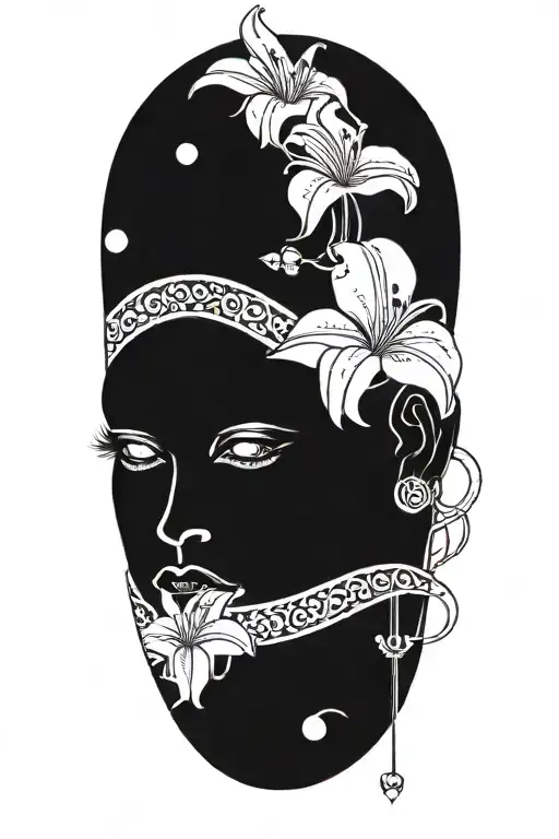 beautiful woman with dark hair, twines, white lily flowers and two dices tattoo design idea
