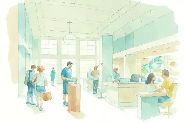 the lobby of a public building with people. some people are chatting at the customer service desk. tattoo design idea