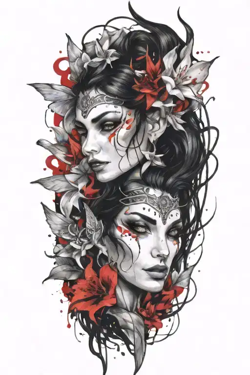 beautiful elf woman with dark hair, winged dragon and white lily flowers tattoo design idea