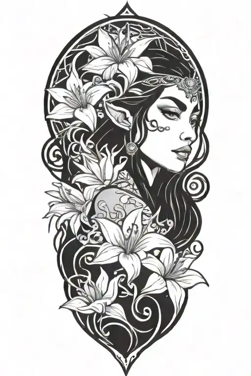 beautiful elf woman with dark hair, smiling dragon and white lily flowers tattoo design idea
