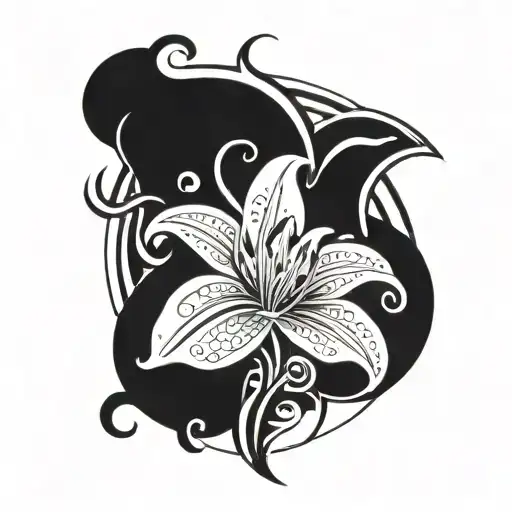 the word "BLUES" in the middle of circular form with lily flowers tattoo design idea