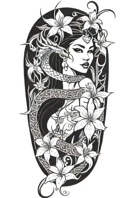 beautiful elf woman with dark hair, a smiling dragon and white lily flowers tattoo design idea
