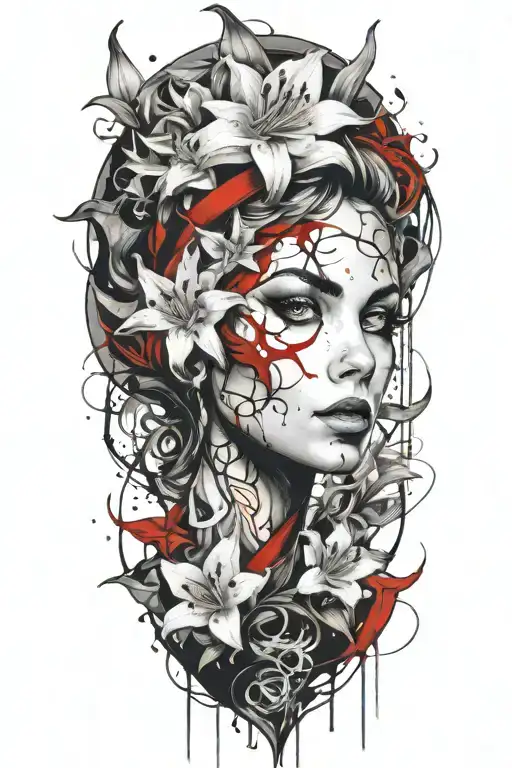 beautiful elf woman's face, white lily flowers surrounding tattoo design idea