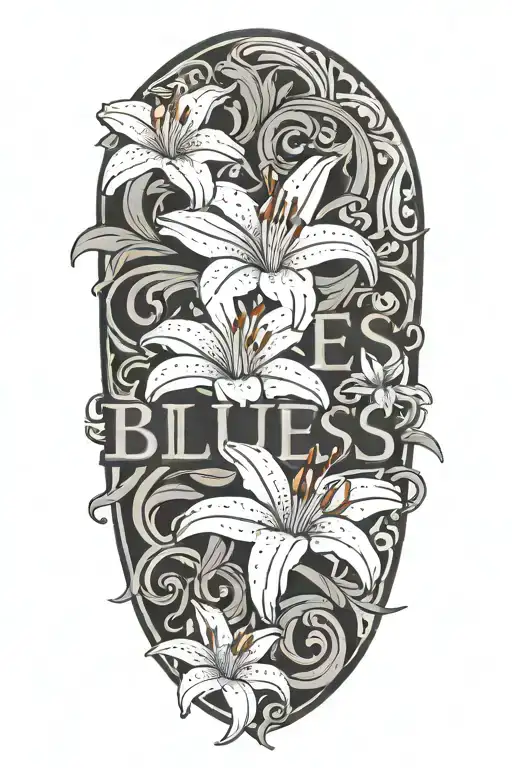 text "blues" surrounded with white lily flowers intertwined tattoo design idea
