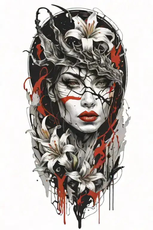 a dragon wings spread and a beautiful woman's face, white lily flowers  tattoo design idea