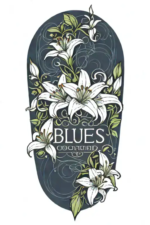 text "blues" surrounded with white lily flowers intertwined tattoo design idea