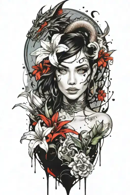 beautiful elf woman with dark hair, a smiling dragon and white lily flowers tattoo design idea