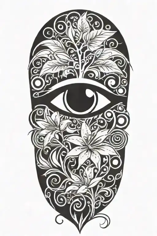 An eye, lily flower, fender guitar  and a pine tree growing tattoo design idea