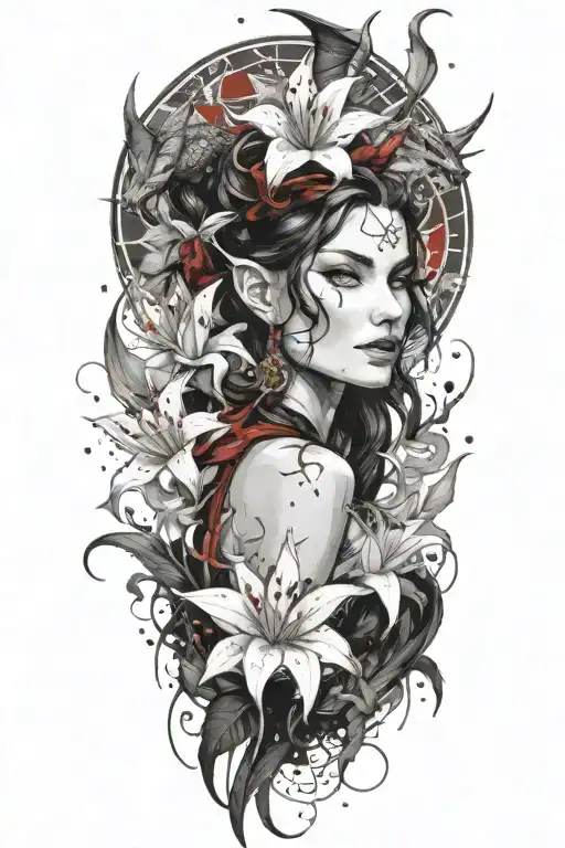 beautiful elf woman with dark hair, winged smiling dragon and white lily flowers tattoo design idea